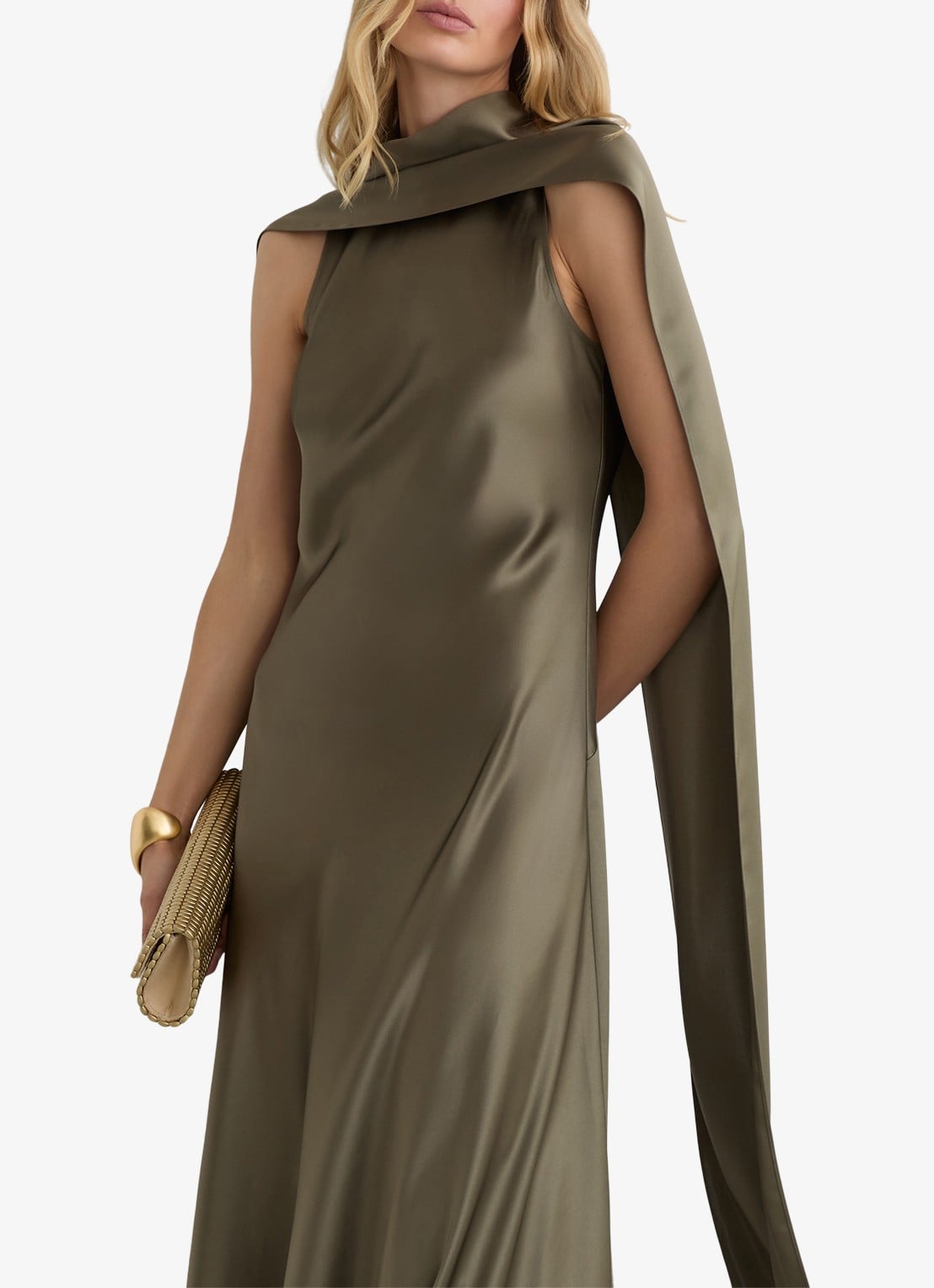 Reiss Fae maxi jurk van satijn met sjaalkraag - detail 2 khaki