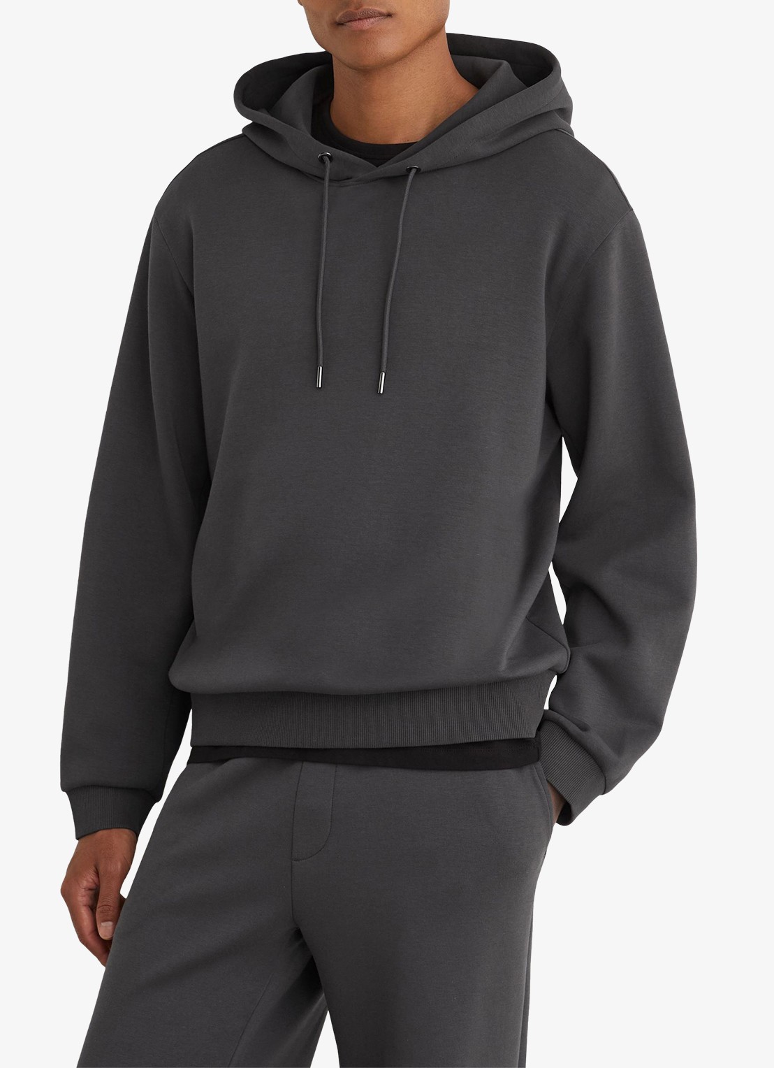 Reiss FALCO Sueded Interlock Jersey Relaxed-Fit Hoodie - detail donkergrijs