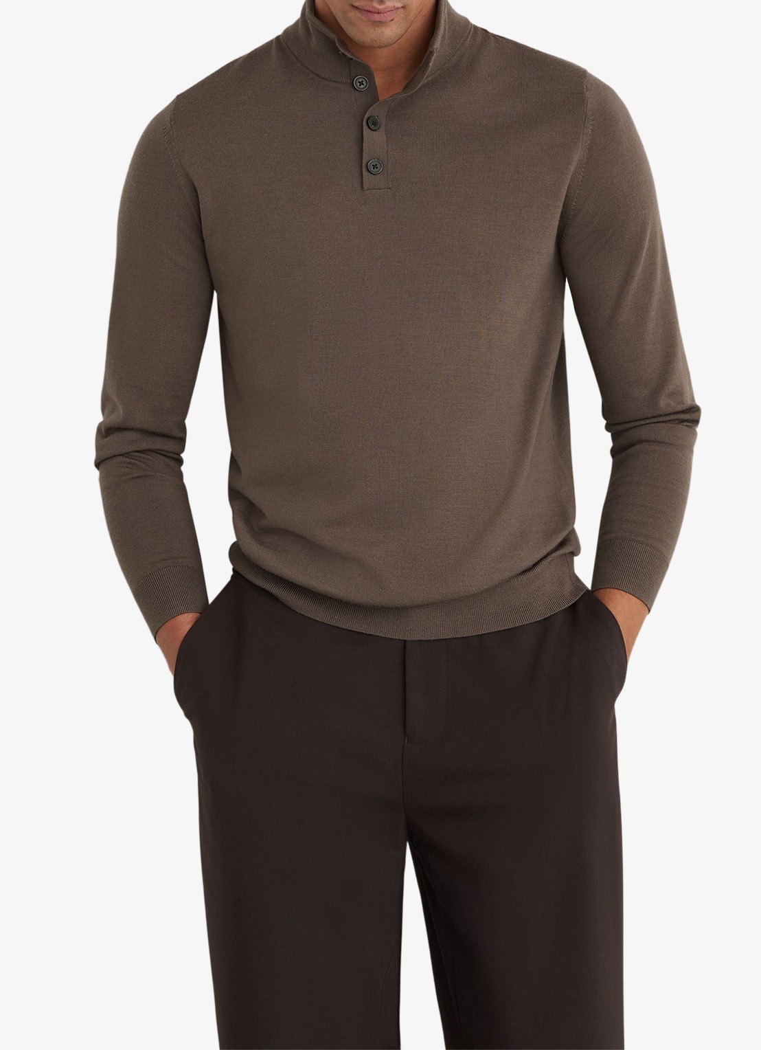 Reiss Farnham pullover in merino wolblend met opstaande kraag - detail bruin