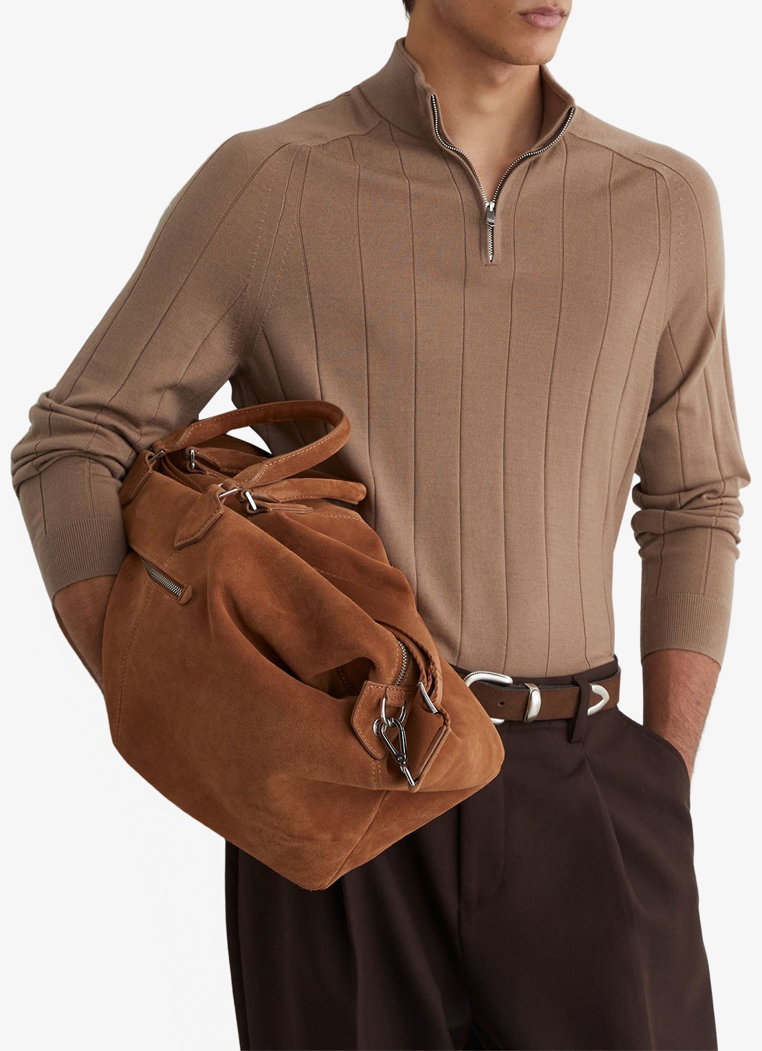 Reiss Findlay fijngebreide trui met halve rits - detail camel