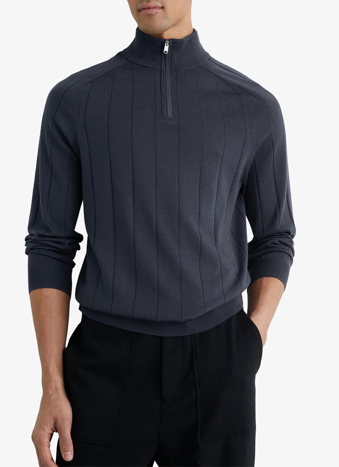 Reiss Findlay trui van merino wol met halve rits  - detail 3 donkerblauw