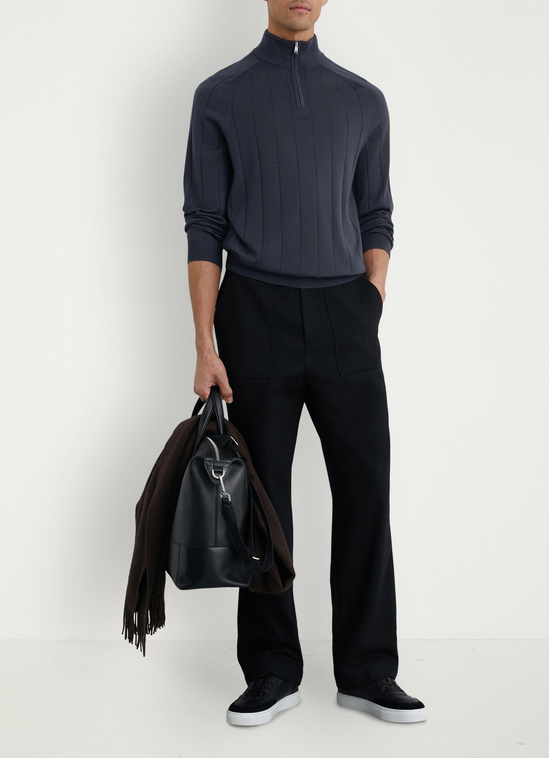 Reiss Findlay trui van merino wol met halve rits  - voorkant 2 donkerblauw
