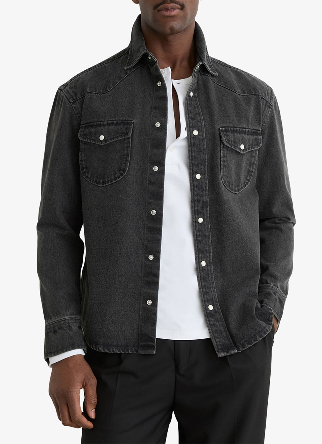 Reiss Finley overshirt van denim - detail 4 donkergrijs