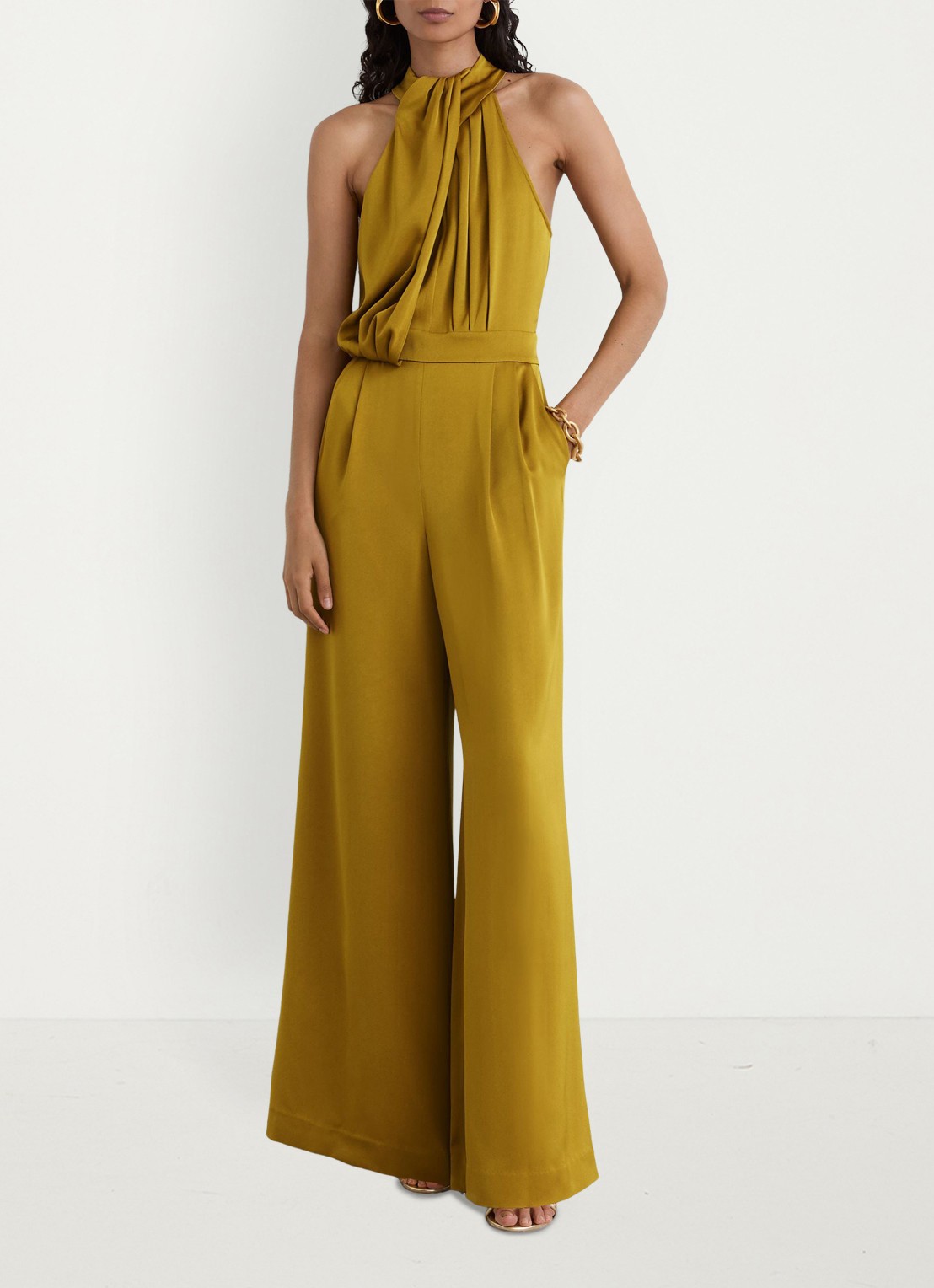 Reiss Finley wide leg jumpsuit met geplooid detail - voorkant 3 groen