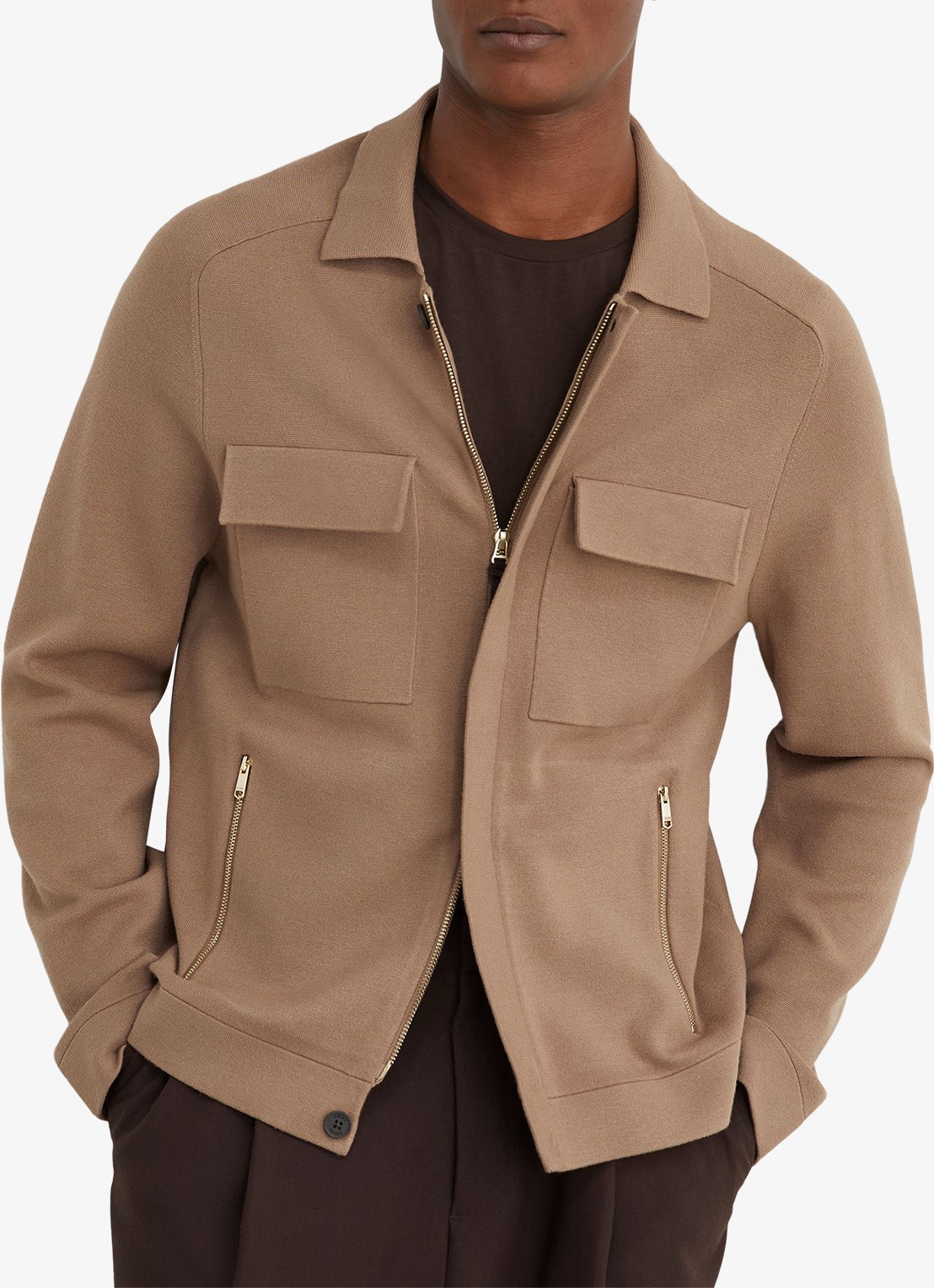 Reiss FLEETWOOD Twin-Pocket Concealed-Placket Knitted Jacket - detail camel