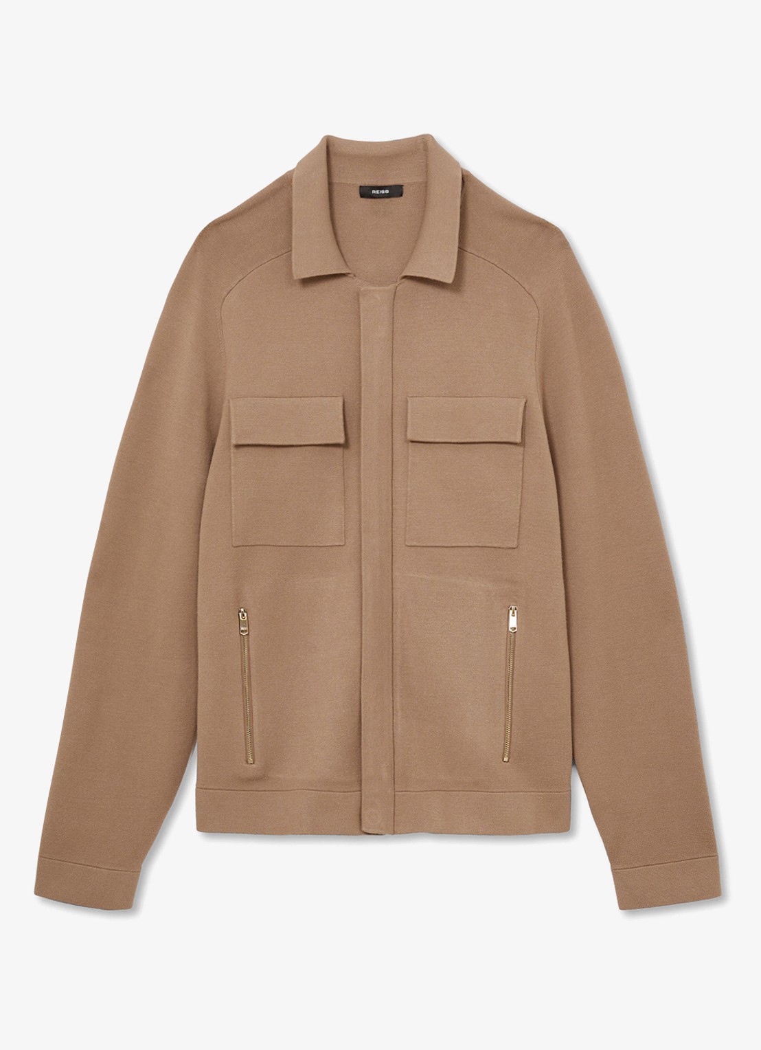 Reiss FLEETWOOD Twin-Pocket Concealed-Placket Knitted Jacket - voorkant 5 camel