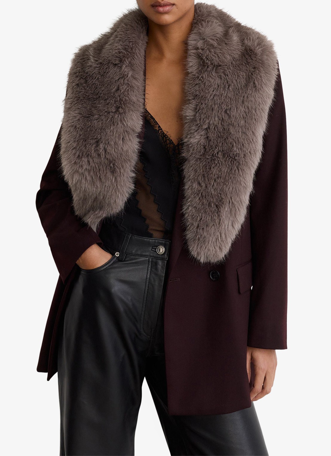 Reiss Flora kraag van imitatiebont - voorkant 2 taupe