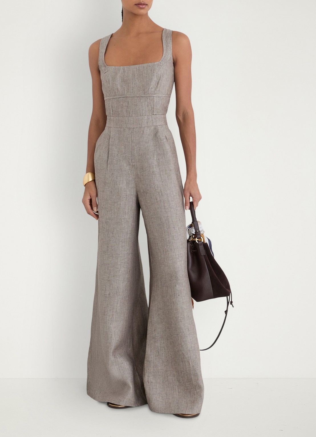 Reiss Flora wide fit jumpsuit van linnen met structuur - voorkant 2 neutral / beige