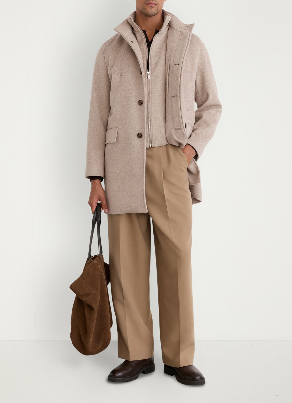 Reiss Fossil single-breasted mantel met gilet-inzet in wolblend - voorkant 3 oatmeal / beige