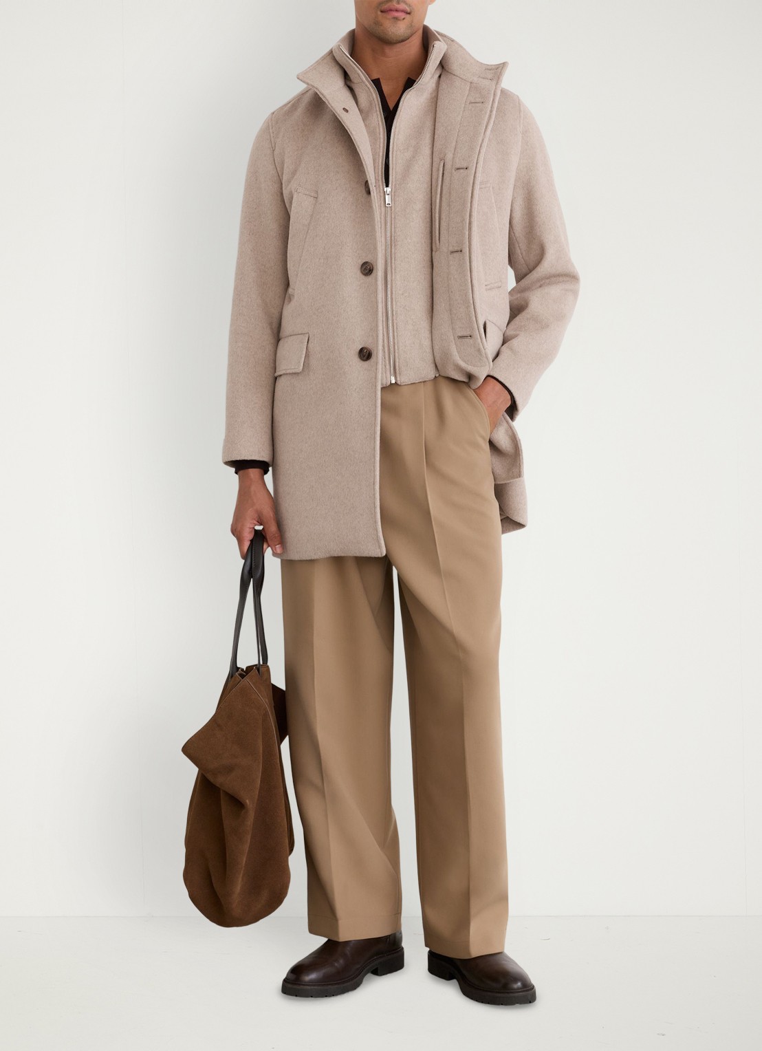 Reiss Fossil single-breasted mantel met gilet-inzet in wolblend - voorkant 2 oatmeal / beige