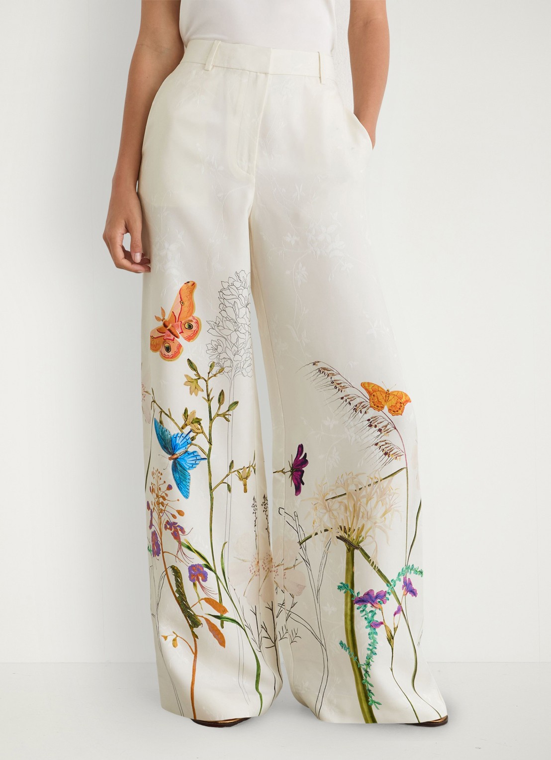 Reiss Frankie high waist wide fit pantalon met bloemenprint - detail 3 creme