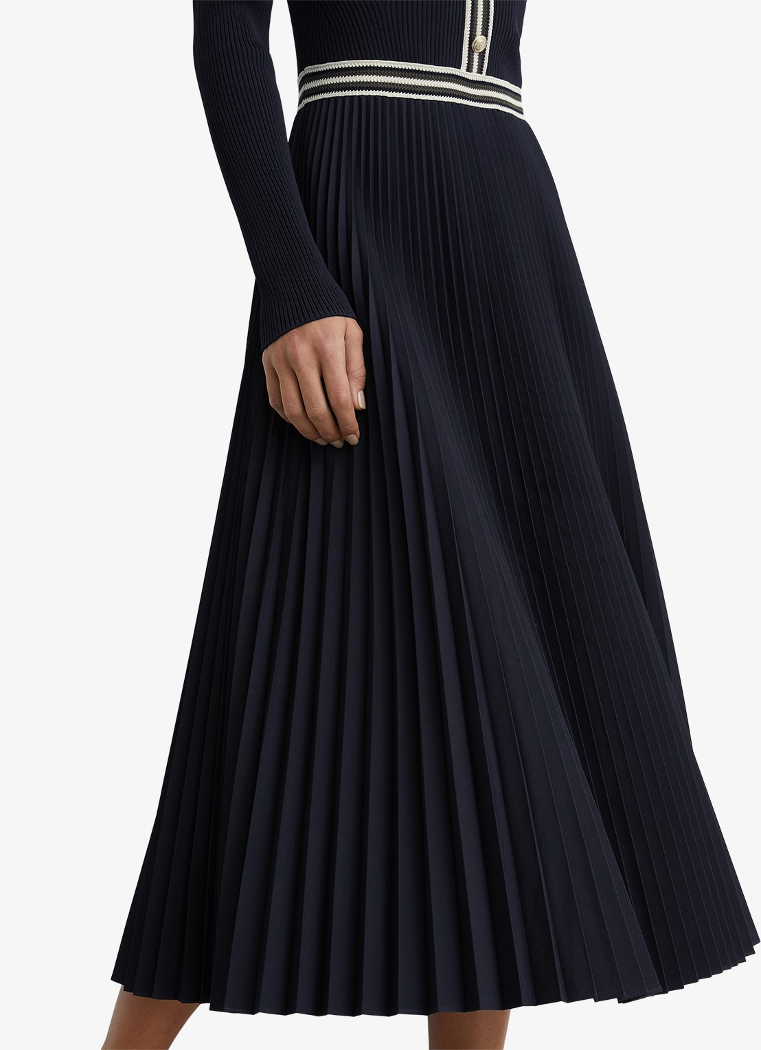 Reiss Gaia ribgebreide midi jurk met plooien - detail 3 blauw