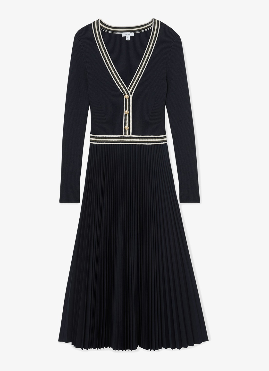 Reiss Gaia ribgebreide midi jurk met plooien - voorkant 5 blauw
