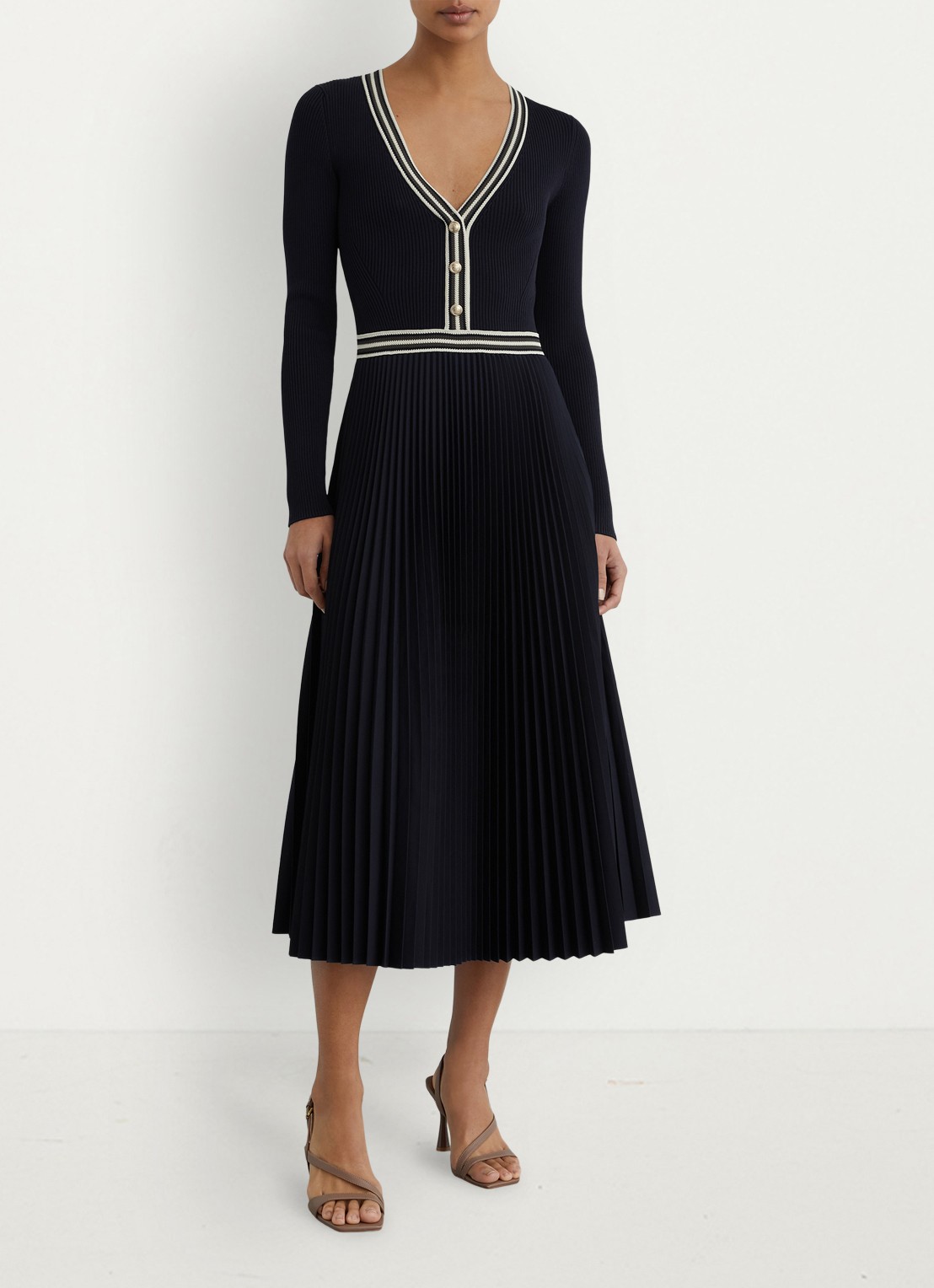 Reiss Gaia ribgebreide midi jurk met plooien - voorkant 6 blauw
