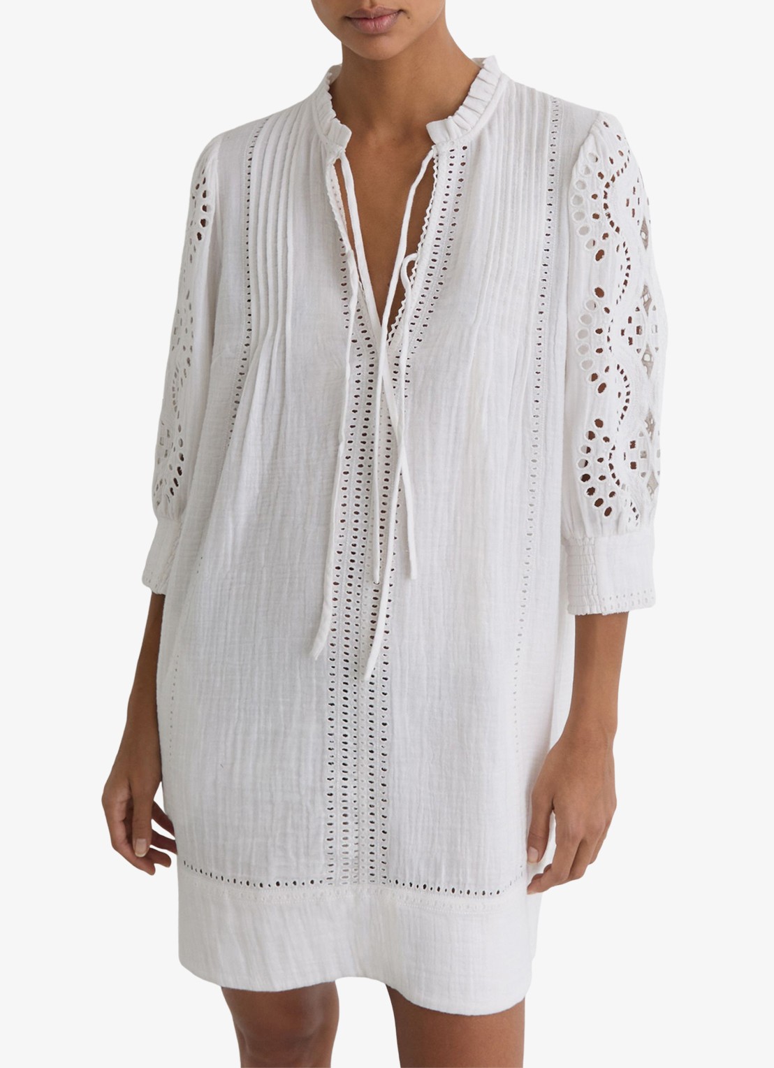 Reiss GIA Cotton Cheesecloth Broderie Mini Dress - detail 4 wit