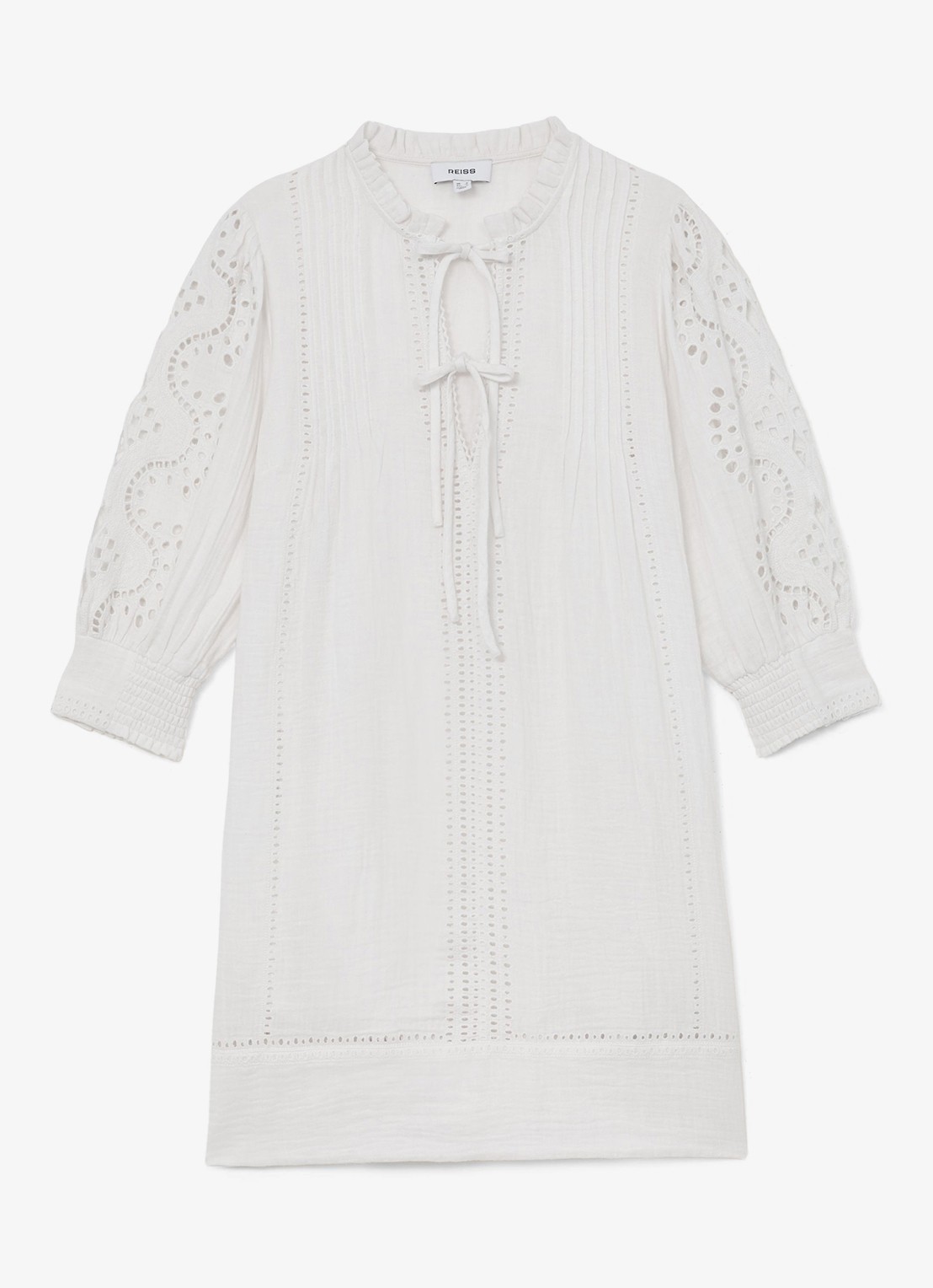 Reiss GIA Cotton Cheesecloth Broderie Mini Dress - voorkant 2 wit