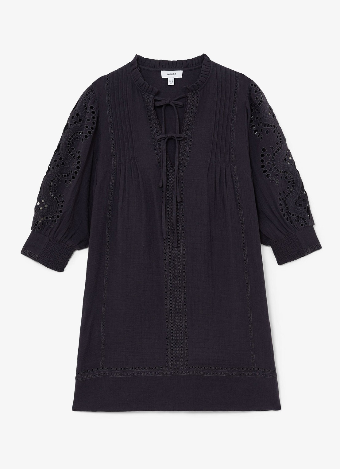 Reiss GIA Cotton Cheesecloth Broderie Mini Dress - voorkant donkerblauw