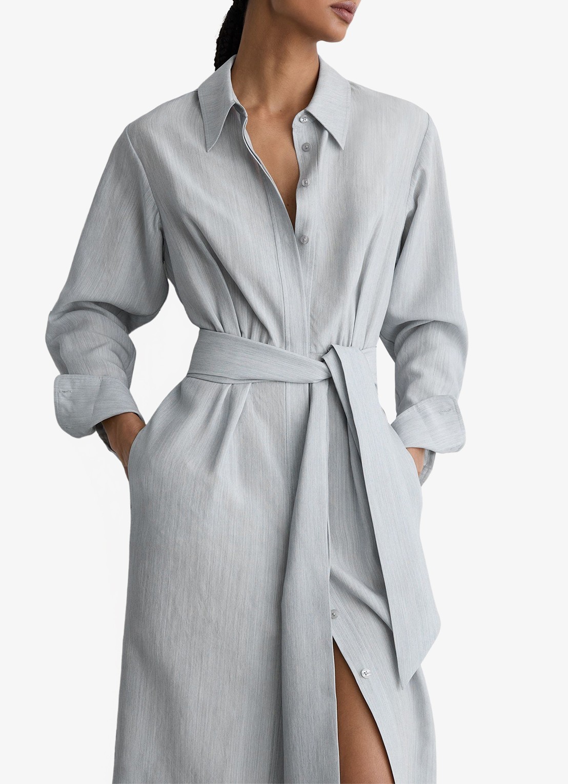 Reiss Gianna midi blousejurk in lyocellblend met strikceintuur - detail 3 blue / blauw