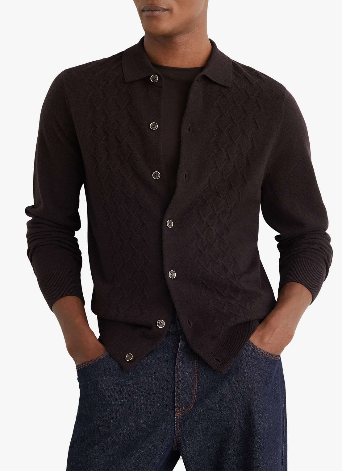 Reiss Gideon fijngebreid vest van wol - detail chocoladebruin