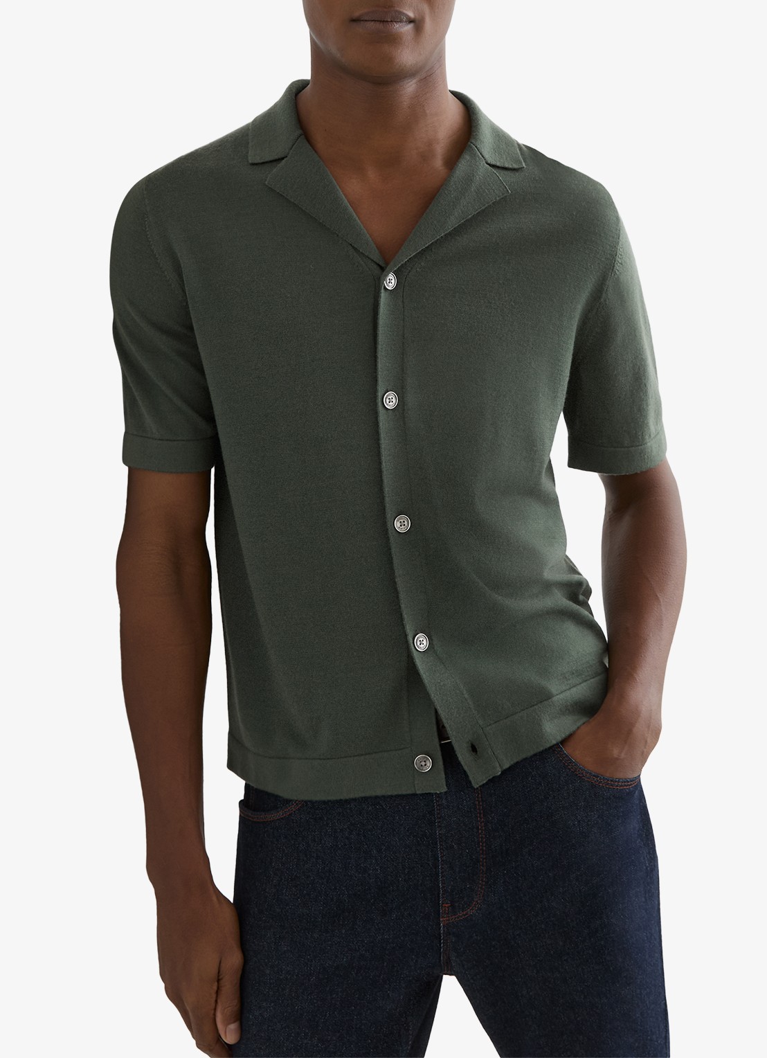 Reiss Grafton fijngebreid overhemd van merino wol - detail 4 kale green / groen