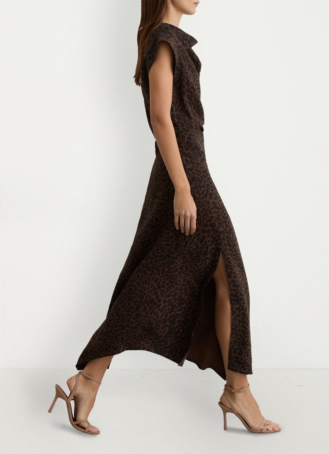 Reiss Harlie midi jurk met panterprint en split - voorkant 6 bruin