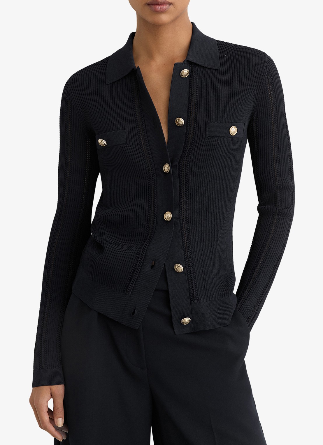 Reiss Harri fijngebreid vest met kraag - detail 4 donkerblauw