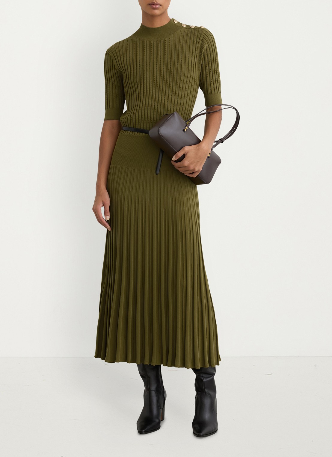 Reiss Harriet gebreide midi jurk met plooien - detail groen