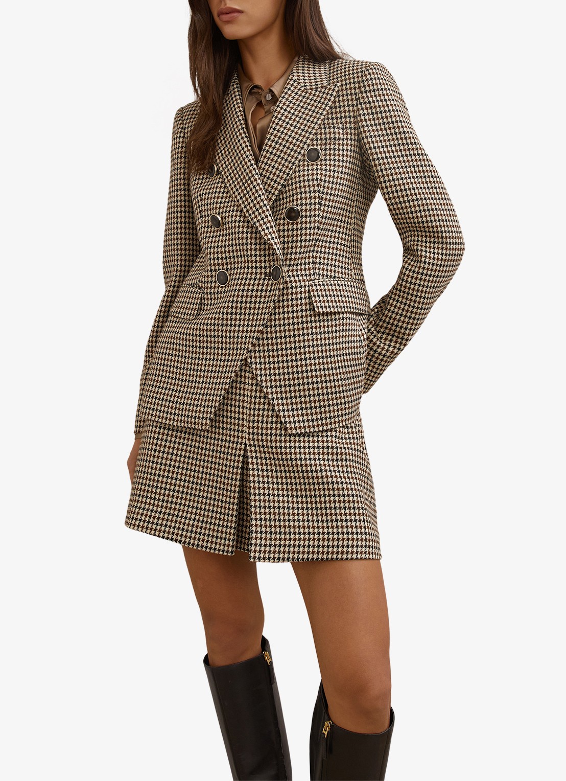 Reiss Hartley double-breasted blazer in wolblend met pied-de-poule dessin - detail beige