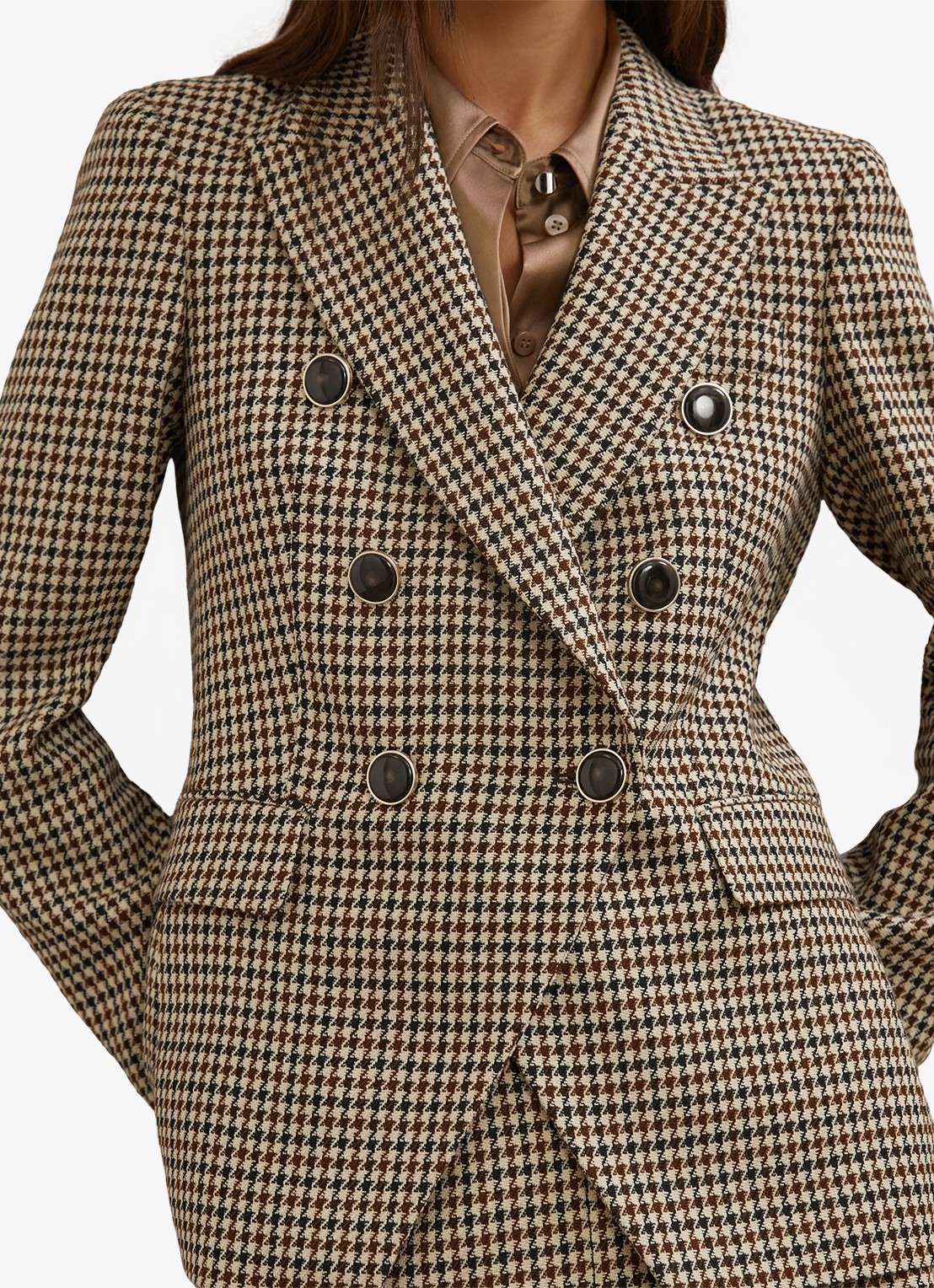 Reiss Hartley double-breasted blazer in wolblend met pied-de-poule dessin - detail 2 beige