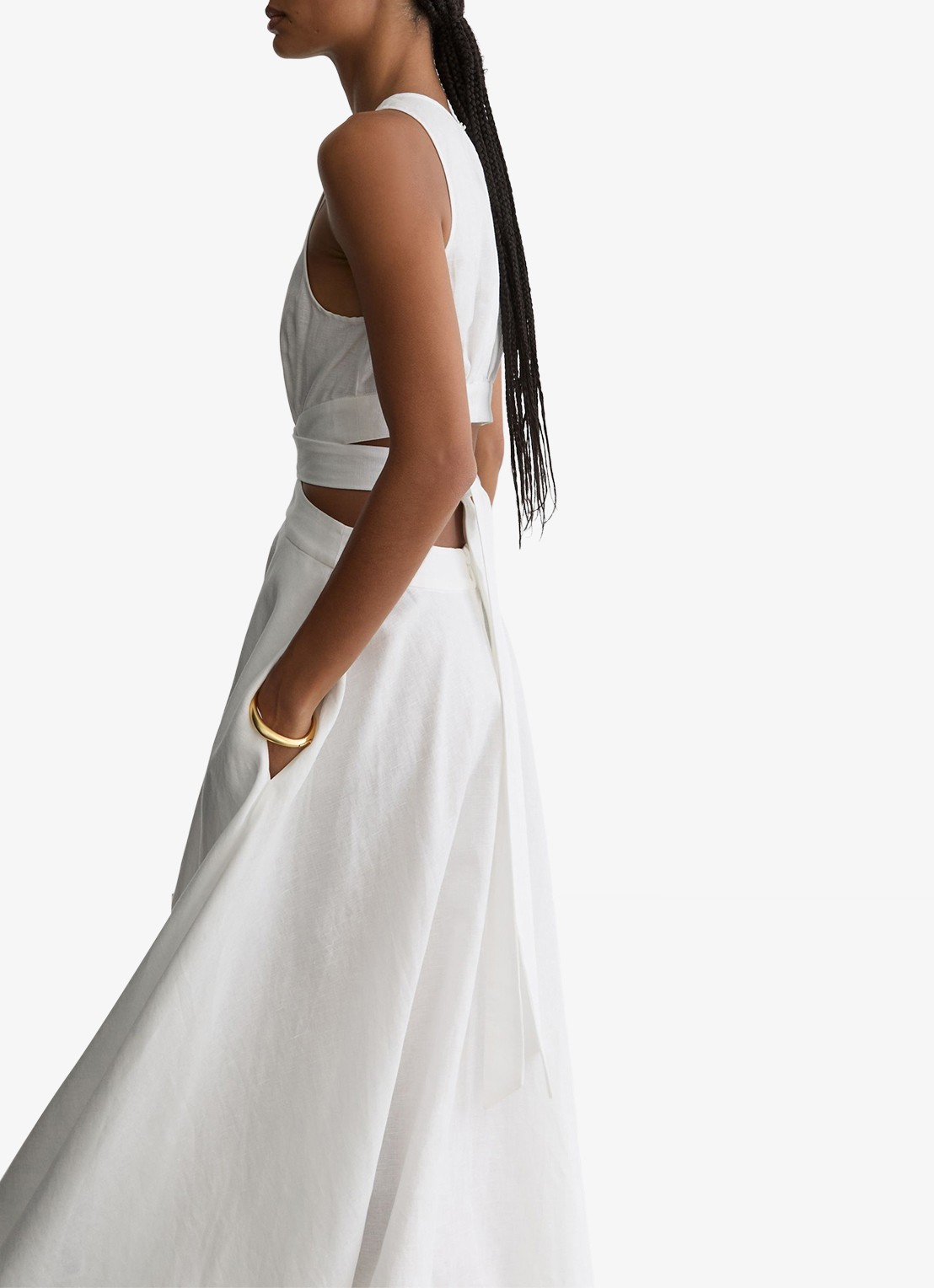 Reiss HAZEL Linen-Cotton Cut-Out Midi Dress - detail 4 wit