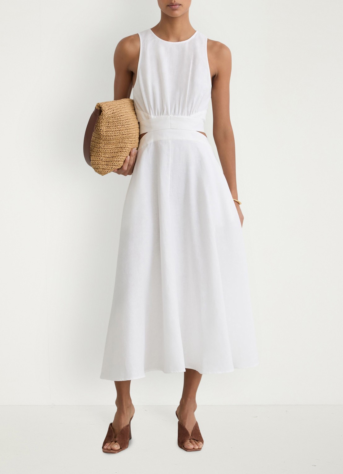 Reiss HAZEL Linen-Cotton Cut-Out Midi Dress - voorkant 2 wit