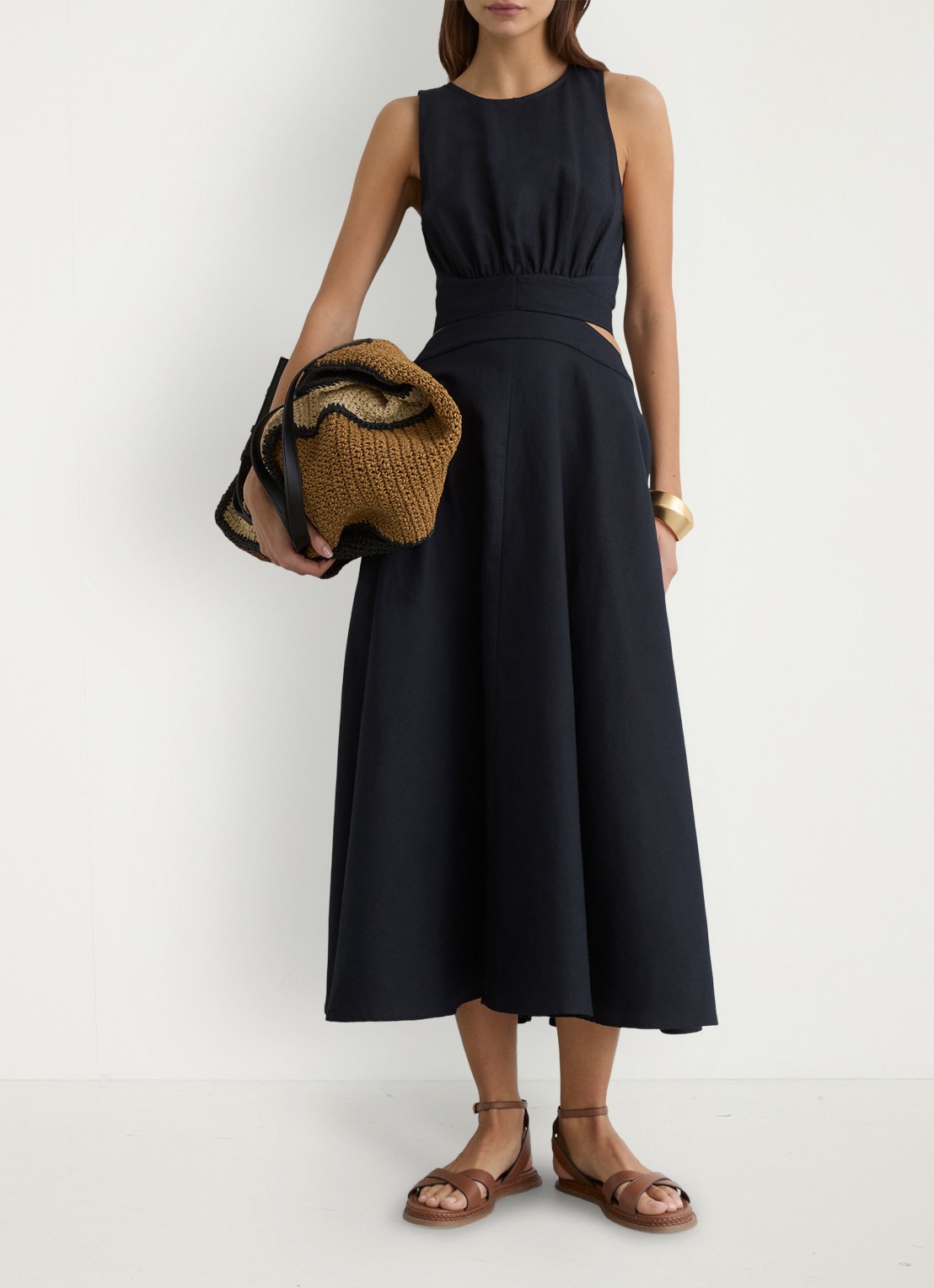 Reiss HAZEL Linen-Cotton Cut-Out Midi Dress - voorkant 6 donkerblauw