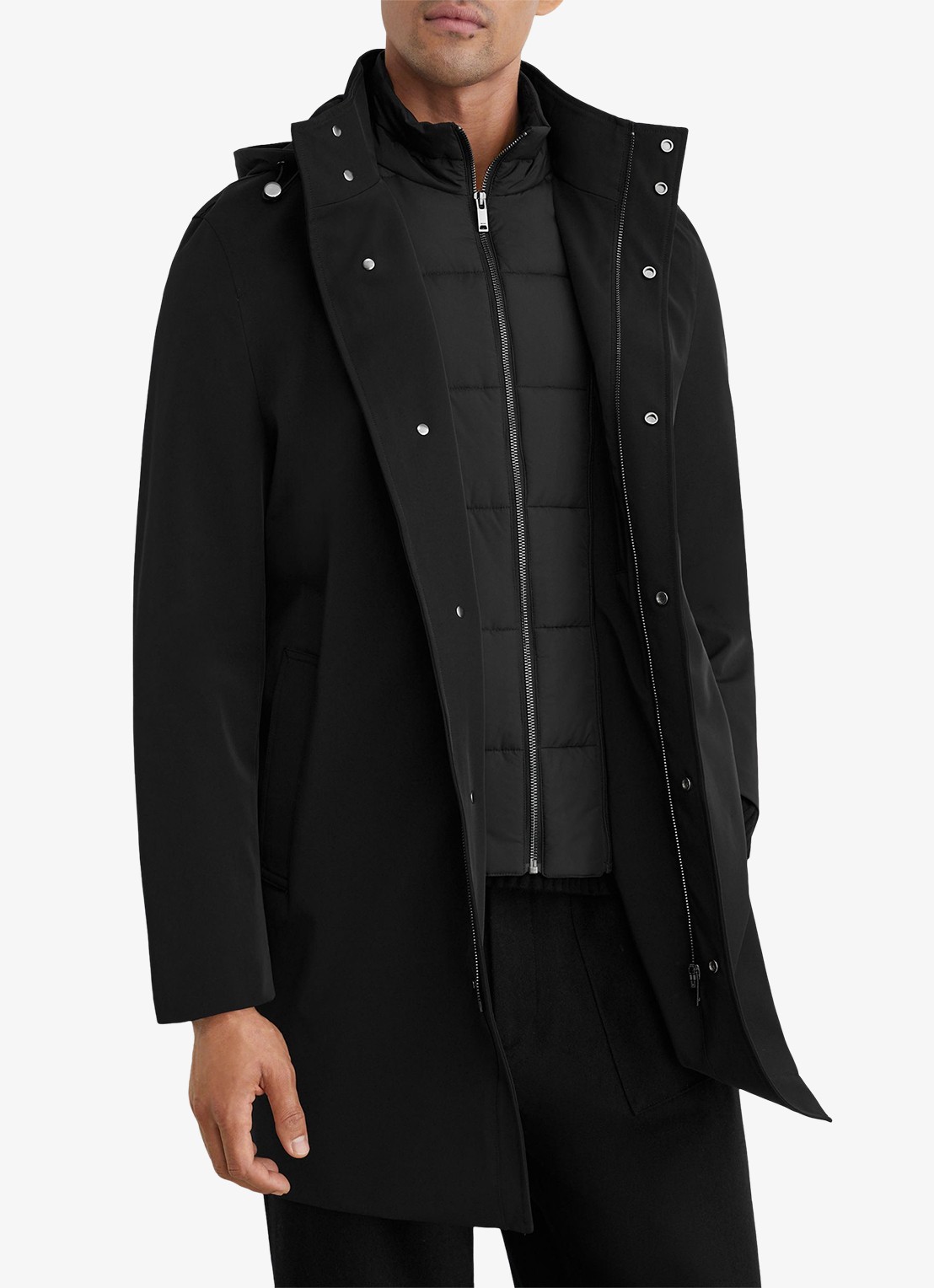 Reiss Hilson hybride mantel met gilet-inzet en afneembare capuchon - detail black / zwart