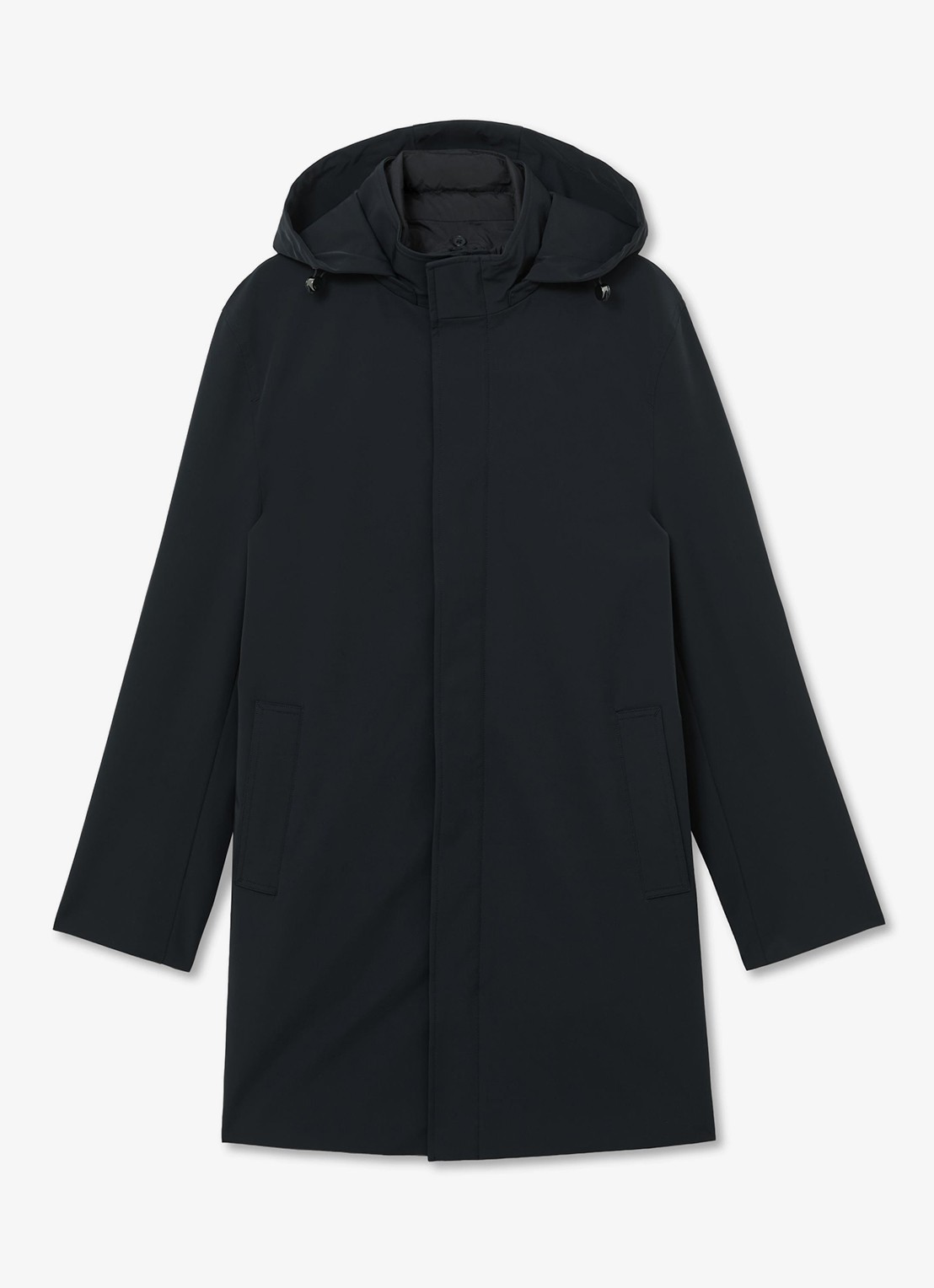 Reiss Hilson hybride mantel met gilet-inzet en afneembare capuchon - voorkant donkerblauw