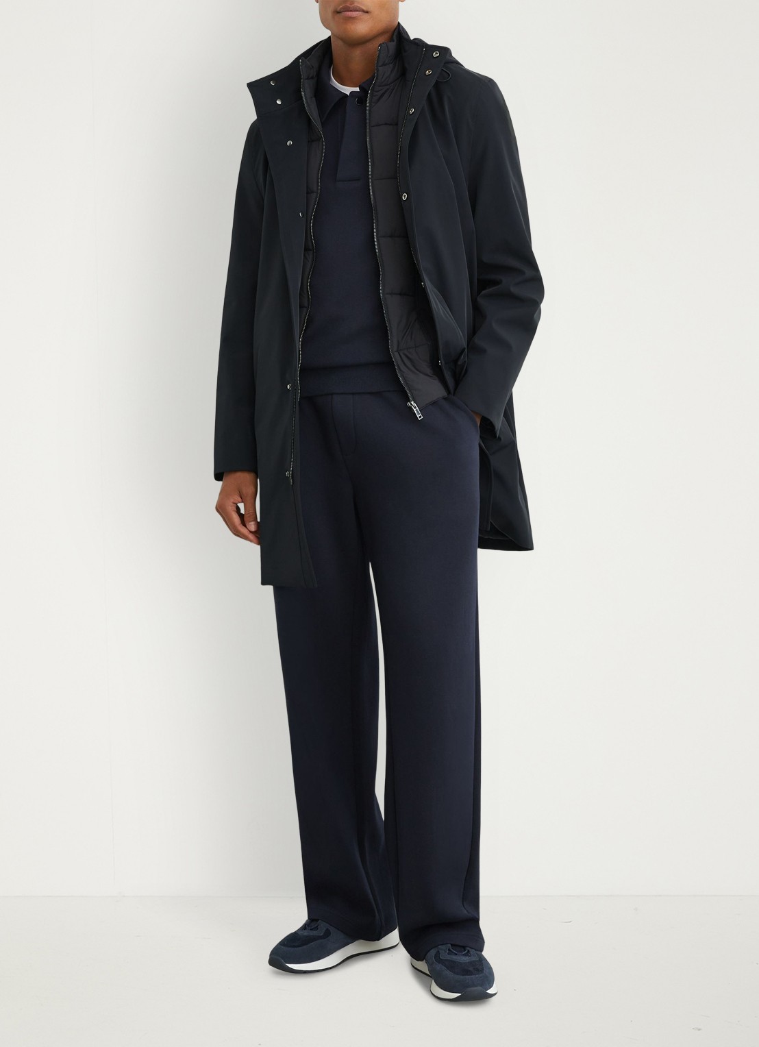 Reiss Hilson hybride mantel met gilet-inzet en afneembare capuchon - voorkant 2 donkerblauw