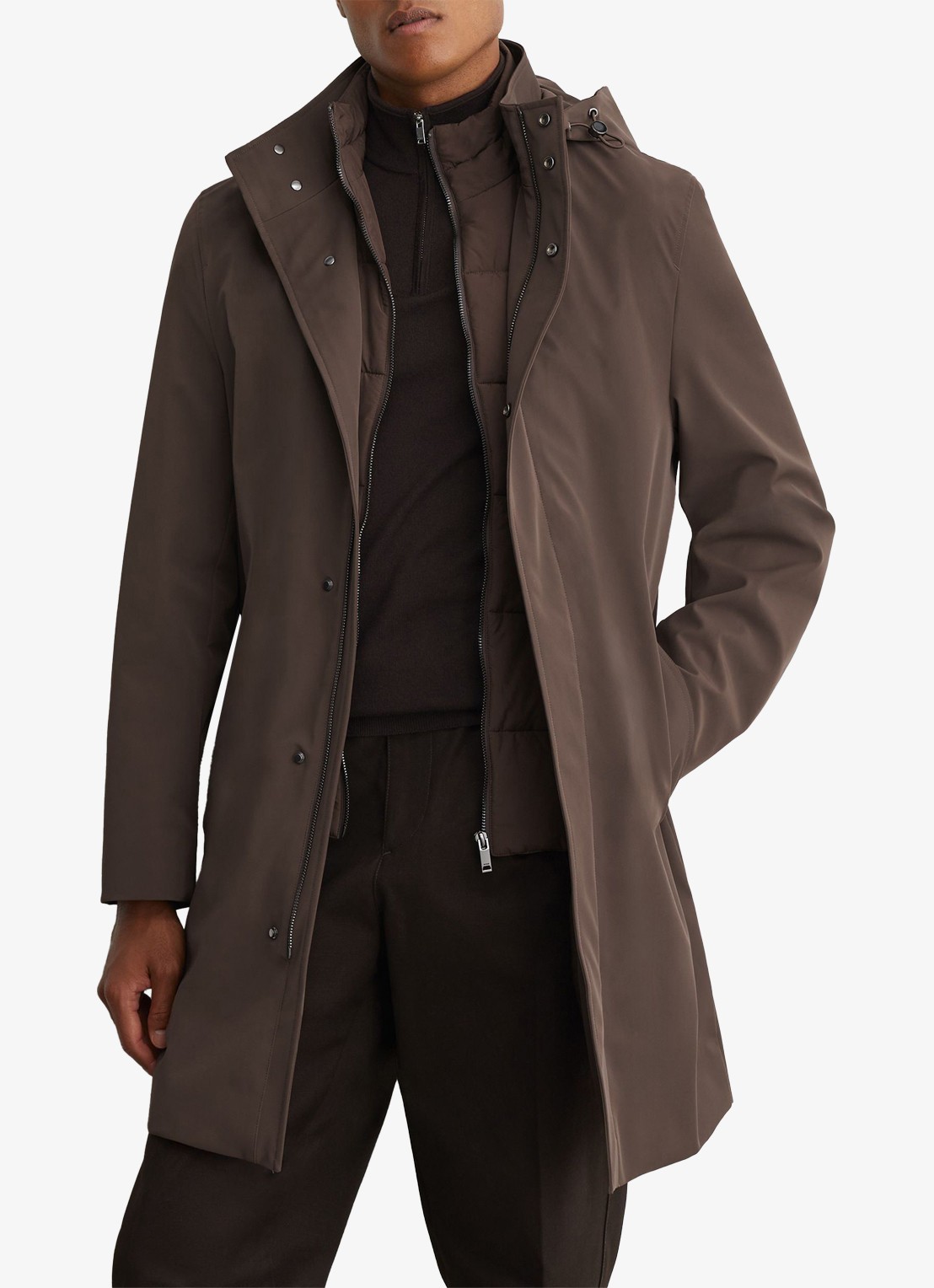 Reiss Hilson hybride mantel met gilet-inzet en afneembare capuchon - detail 4 bruin