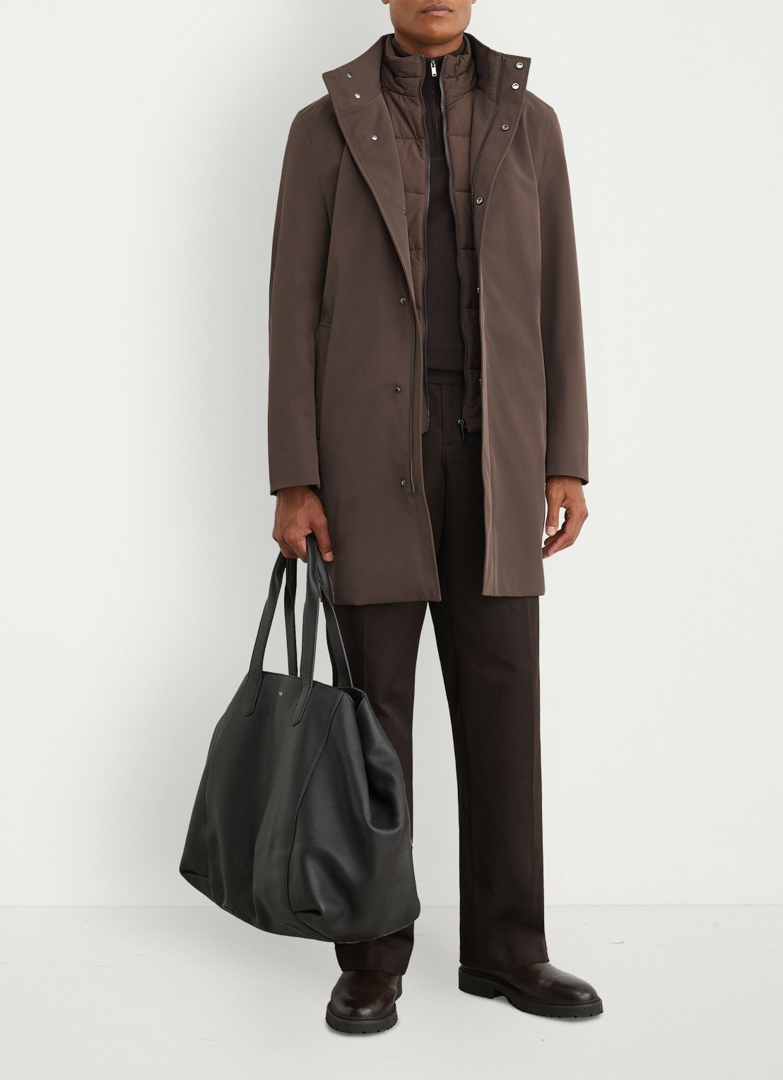 Reiss Hilson hybride mantel met gilet-inzet en afneembare capuchon - voorkant 3 bruin