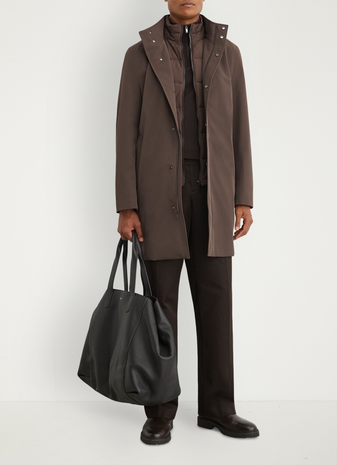 Reiss Hilson hybride mantel met gilet-inzet en afneembare capuchon - voorkant 7 bruin
