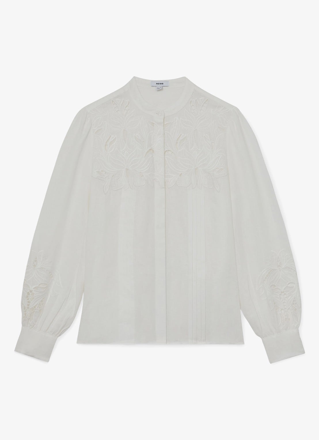 Reiss Ida blouse van linnen met broderie  - voorkant wit