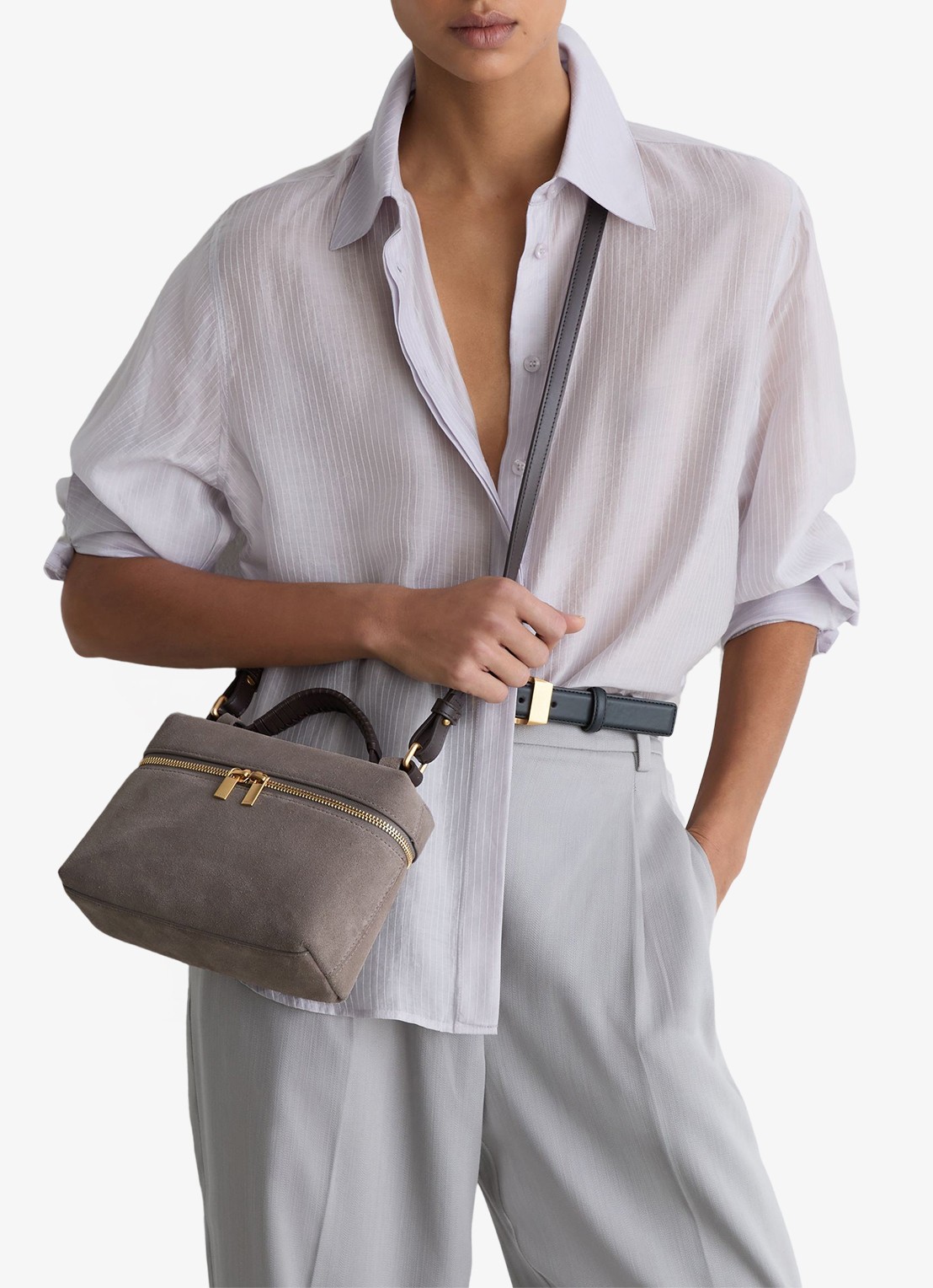 Reiss Ines handtas van suède met afneembare schouderriem - voorkant 7 grey / grijs