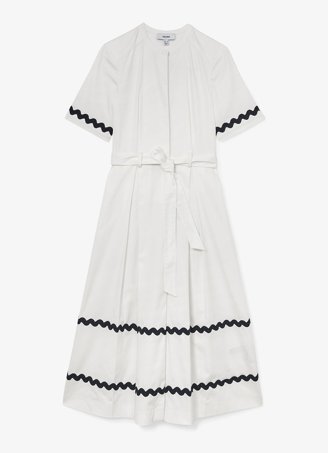 Reiss Isabelle midi jurk met strikceintuur - voorkant gebroken wit
