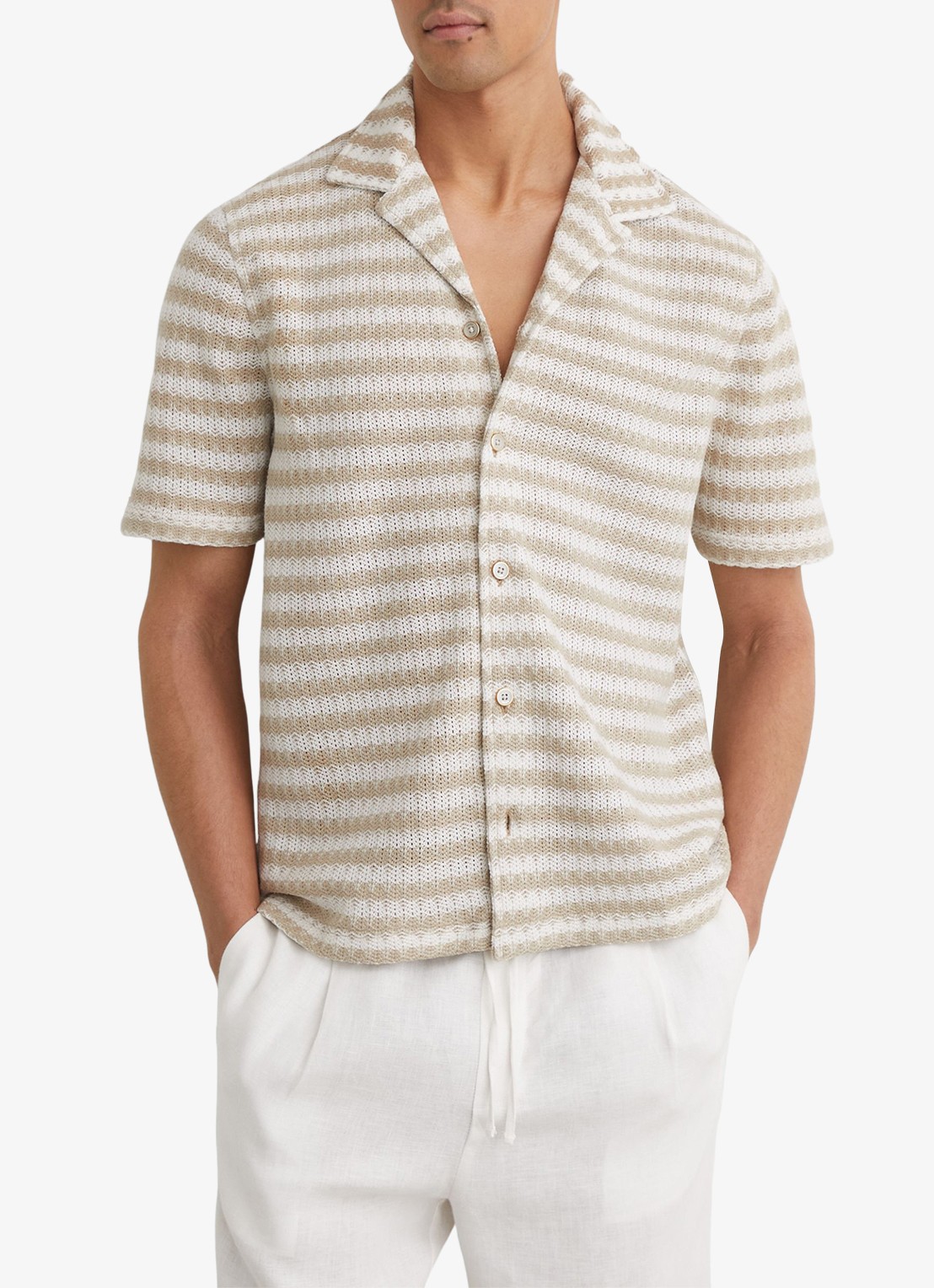 Reiss Island grofgebreid regular fit overhemd met streepprint - detail 2 wit / oatmeal