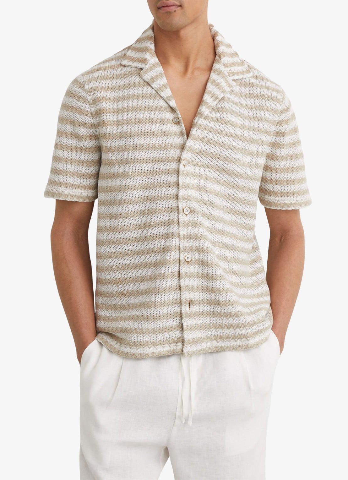 Reiss Island grofgebreid regular fit overhemd met streepprint - detail 3 wit / oatmeal