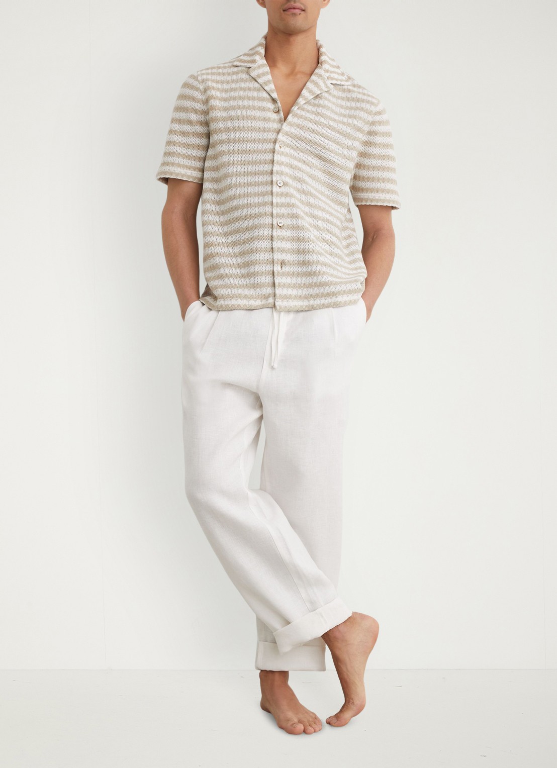 Reiss Island grofgebreid regular fit overhemd met streepprint - voorkant 6 wit / oatmeal