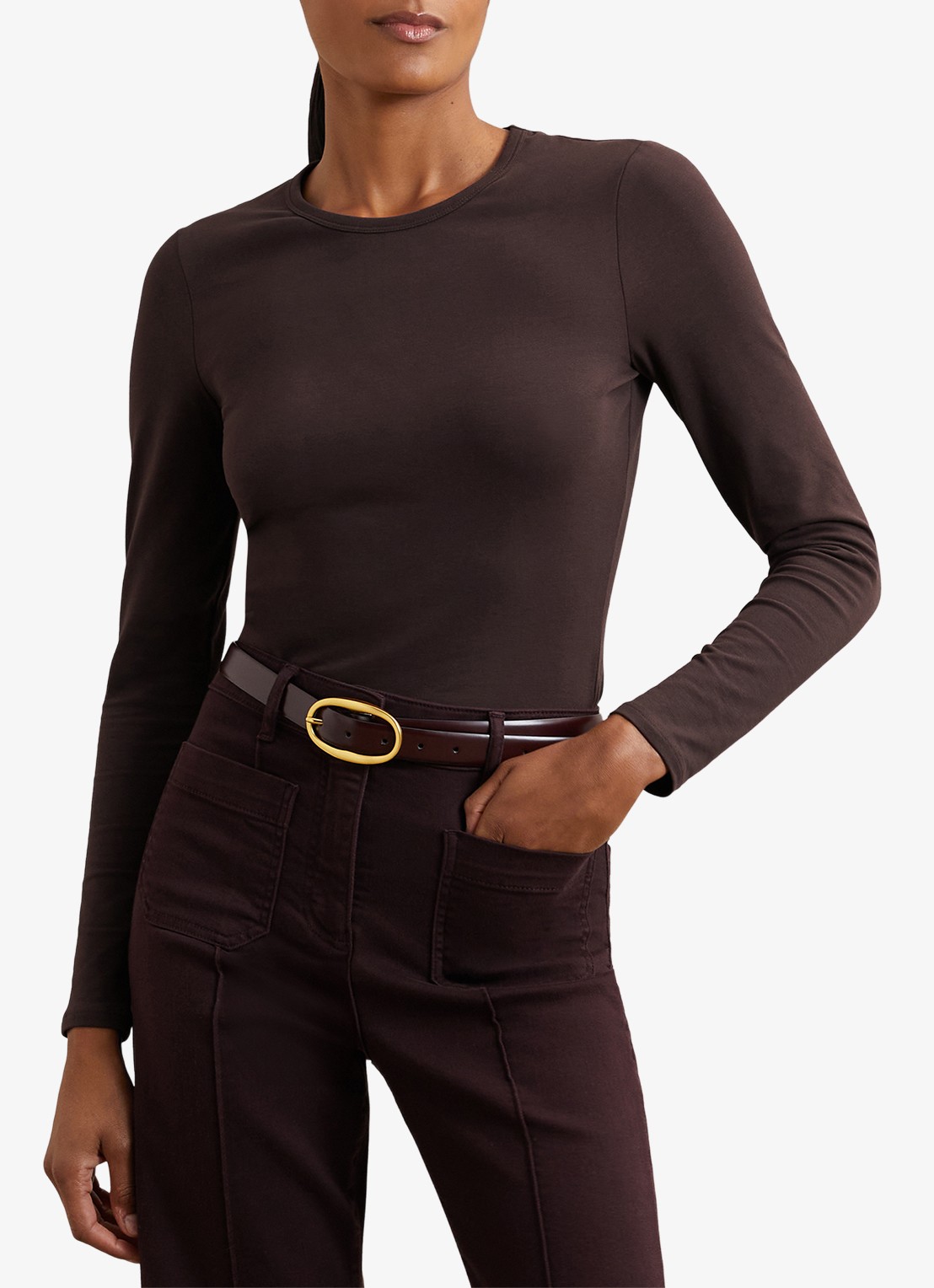 Reiss Jada longsleeve met ronde hals - detail 3 donkerbruin