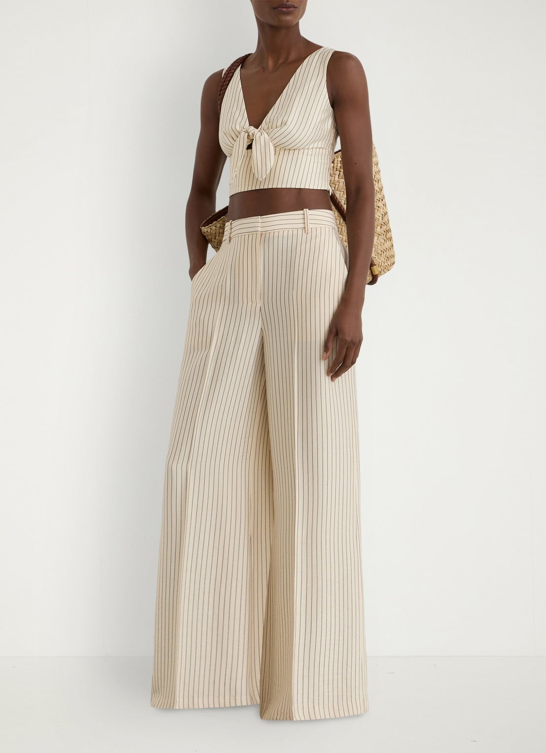 Reiss Jayce high waist wide fit pantalon met streepprint - voorkant 2 creme
