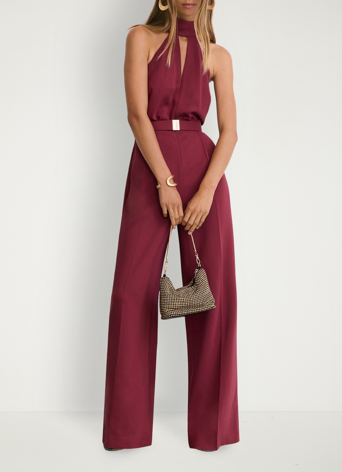 Reiss Jodie wide leg jumpsuit met ceintuur - detail steenrood