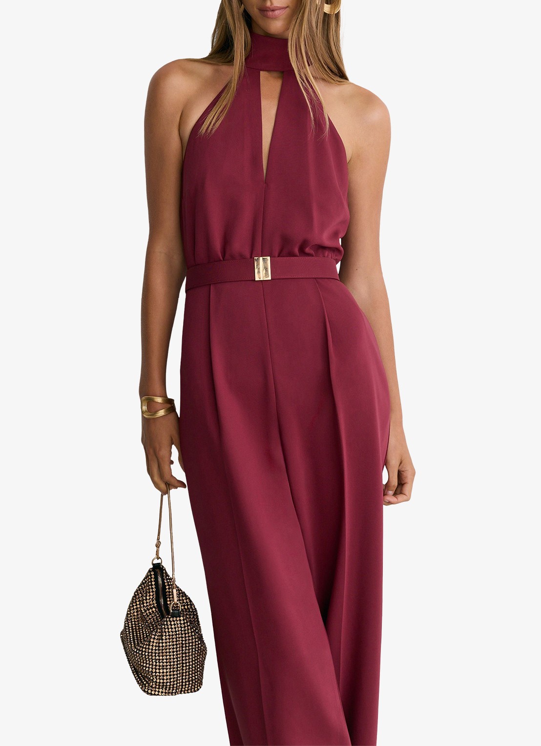 Reiss Jodie wide leg jumpsuit met ceintuur - detail 3 steenrood