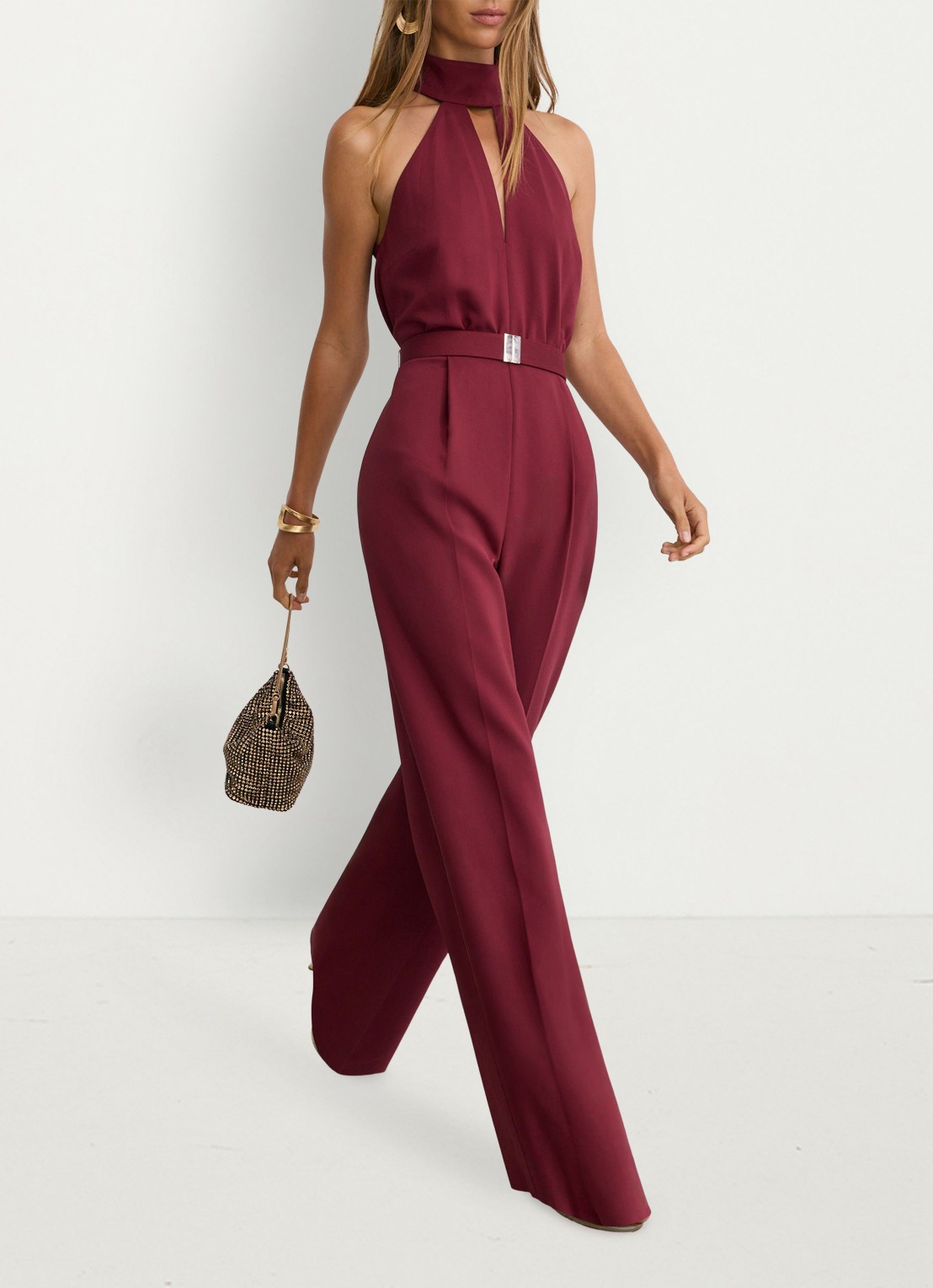 Reiss Jodie wide leg jumpsuit met ceintuur - detail 4 steenrood