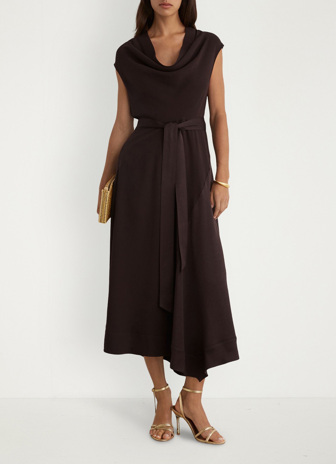 Reiss Justine midi jurk met strikceintuur - voorkant 7 aubergine